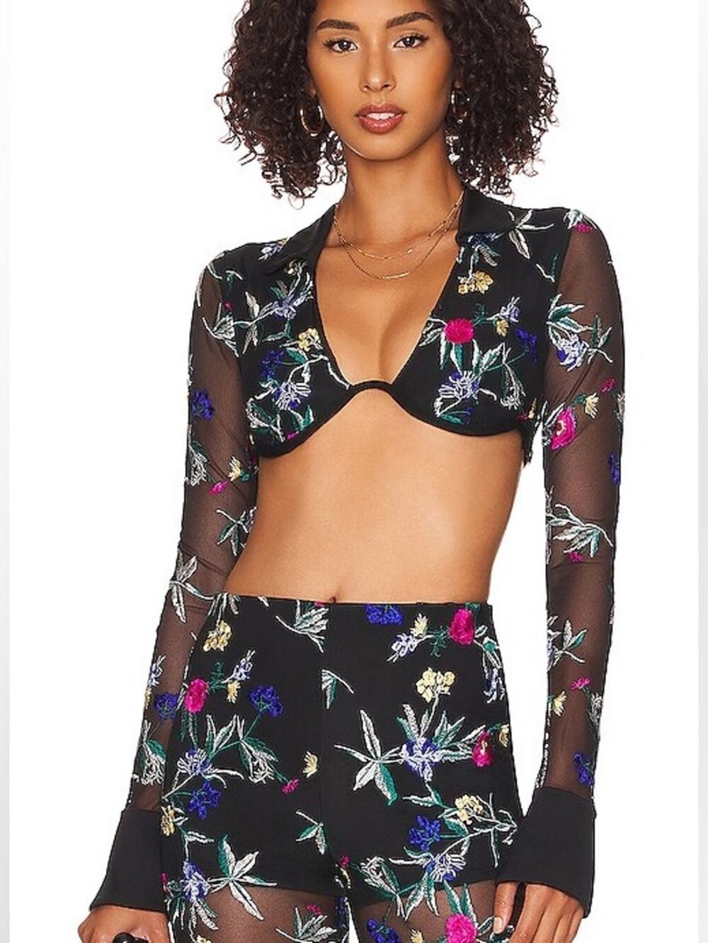 Majorelle Alanna Embroidered Mesh Crop Top Floral L/S Blouse  Sz S